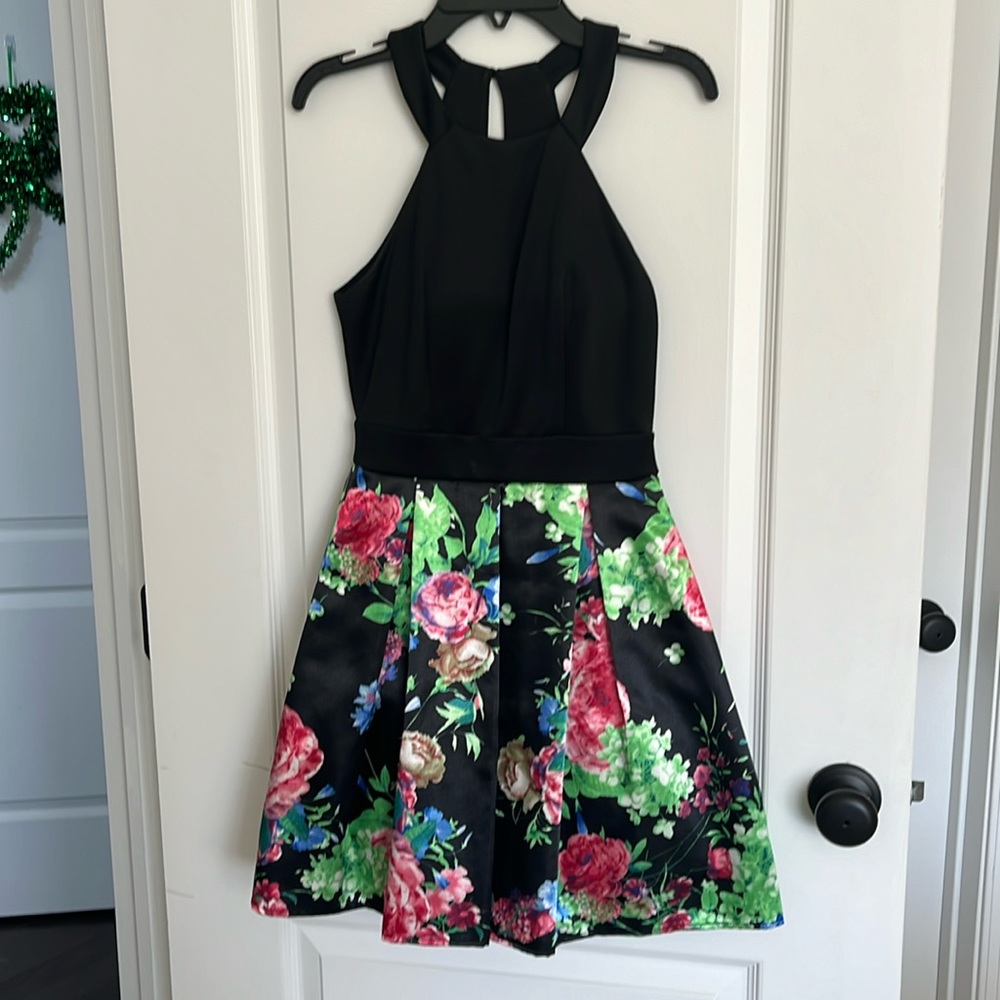 Mini dress with satin floral bottom